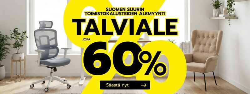 Talvialennusmyynti, jossa on keltainen iso prosenttimerkki. Taustalla näkyy toimistotuoli ja nojatuoli. Talvialennusmyynti, jossa on keltainen iso prosenttimerkki. Taustalla näkyy toimistotuoli ja nojatuoli.