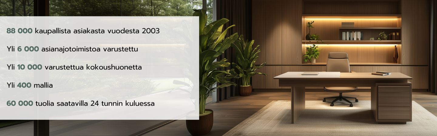 Nykyaikainen toimisto, jossa on tietoja yrityksestä, esim. 88 000 kaupallista asiakasta vuodesta 2003 lähtien