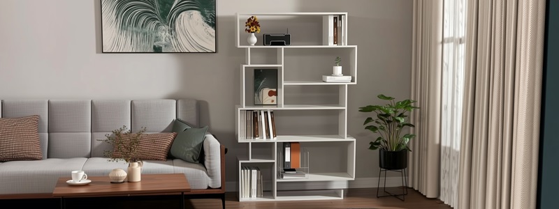 Valkoinen, moderni kirjahylly harmaan sohvan vieressä skandinaavisessa olohuoneessa